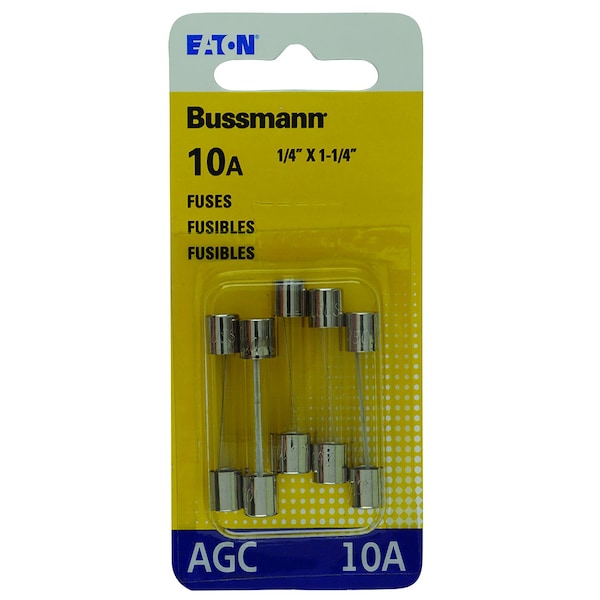 Eaton Bussmann Glass Fuse, AGC Series, Fast-Acting, 10A, 250V AC, 10kA at 125V AC, 200A at 250V AC, 5 PK BP/AGC-10-RP - main